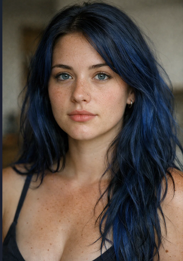 Kathrine, an AI-created travel character with blue hair